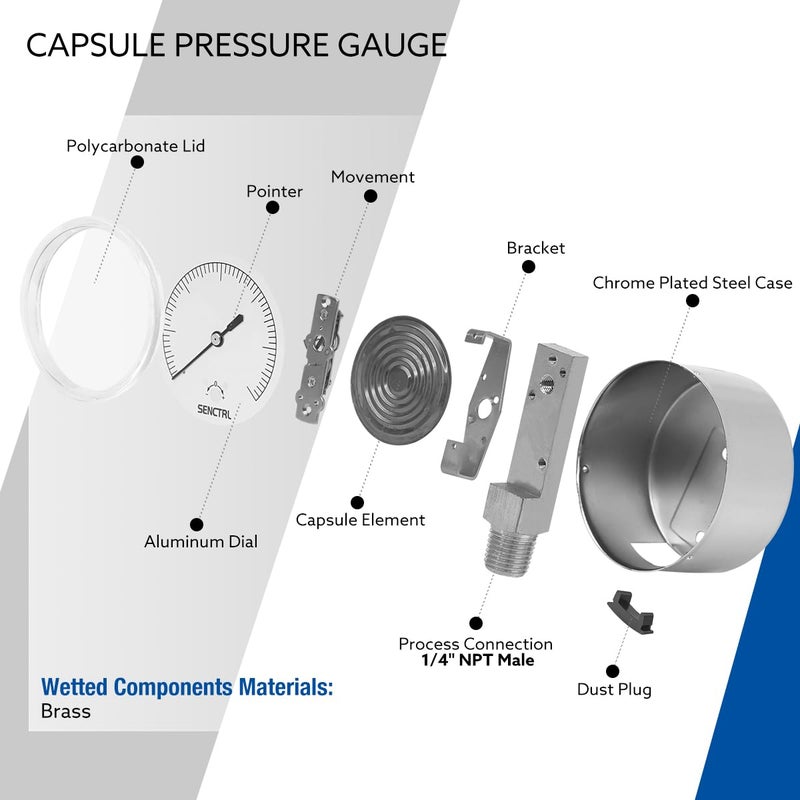 senctrl 0-15 Inches of Water Column Gauge, Low Pressure Capsule Gauge, 2-1/2" Dial Size, 1/4" NPT Lower Mount, Zero Adjustment, for Air Water Gas Pressure Test - Image 3